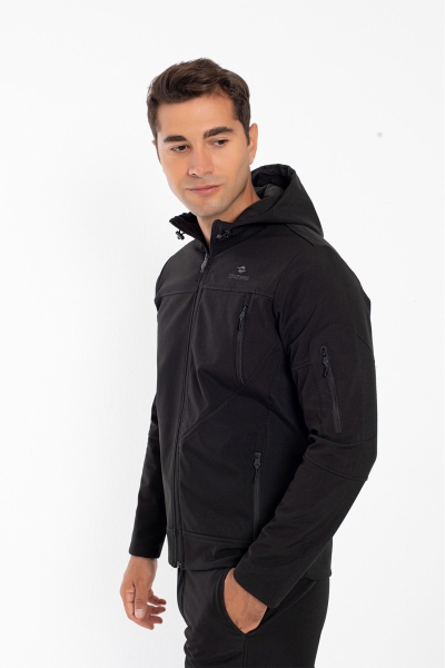 Grand Wolf Spor Kapüşonlu Siyah Outdoor Softshell Mont 